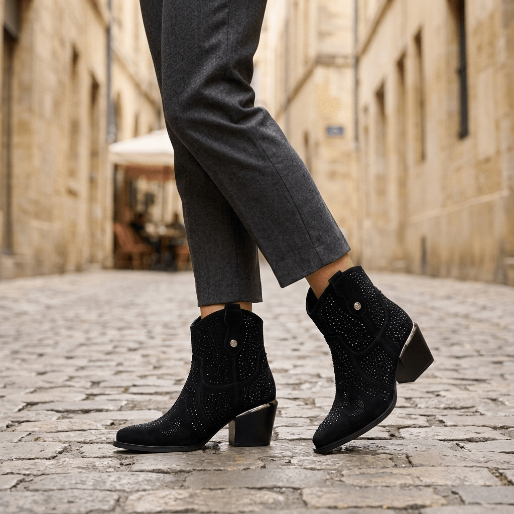 Botins texanos XTi pretos com pedraria e tacão de 7 cm combinados com calças cinzentas de alfaiataria numa rua de calçada
