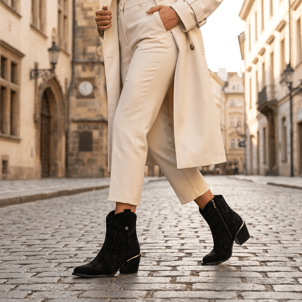 Mulher de casaco bege e calças cor creme a caminhar em calçada de centro histórico com botins texanos XTi pretos com pedraria