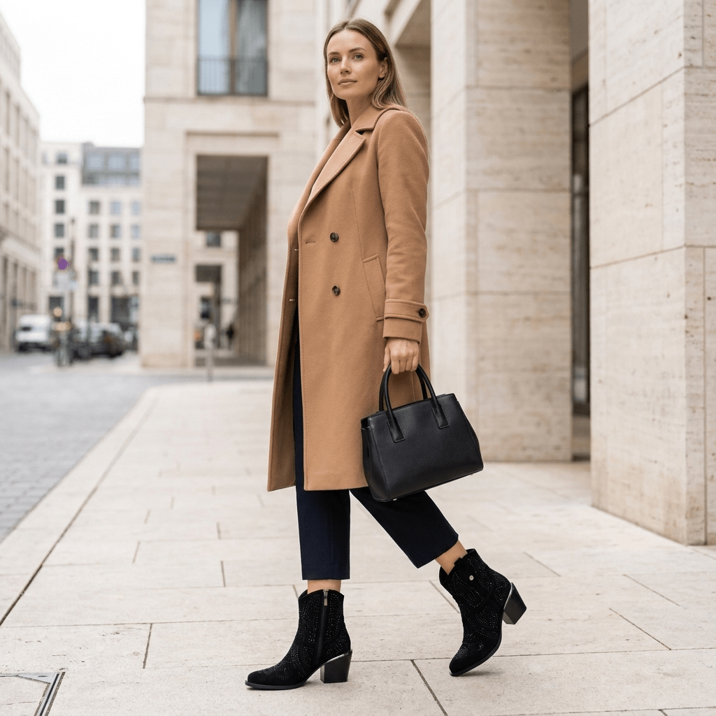 Mulher de casaco camel com mala preta a caminhar numa rua urbana com botins texanos XTi pretos em antelina