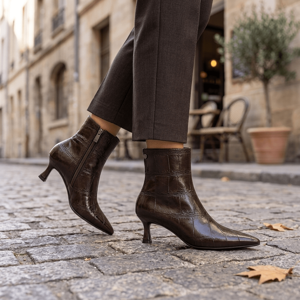 Mulher de calças castanho-escuras a caminhar com botins XTi castanhos efeito croco e fecho de correr, junto a uma esplanada