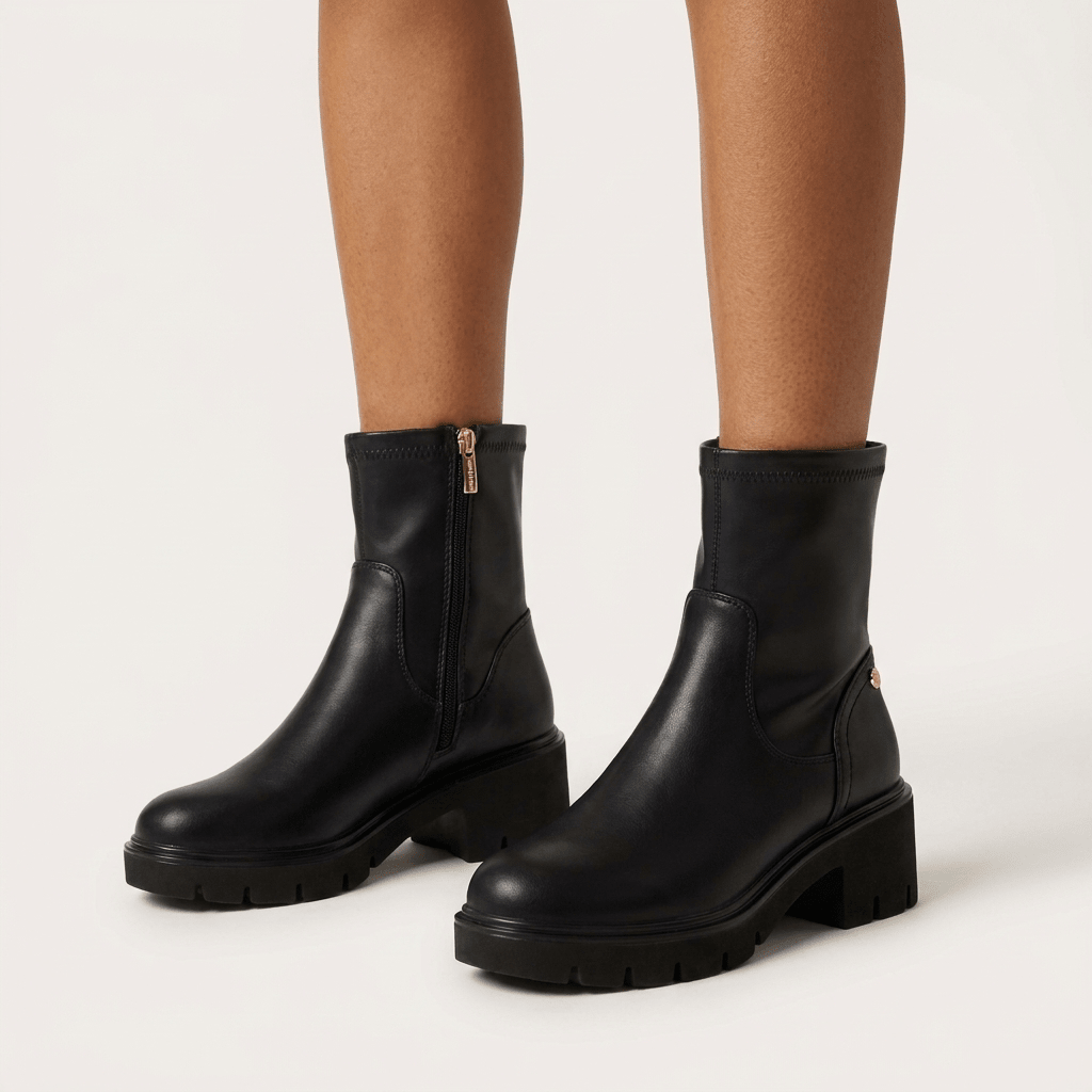 Pernas de mulher com botins XTi pretos de cano elástico e fecho de correr interior, sobre fundo claro