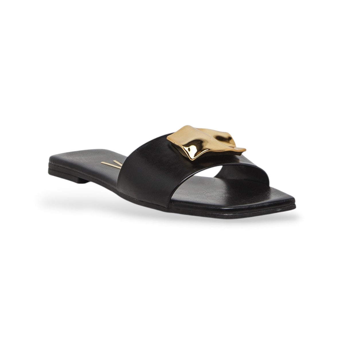 Chinelo slide Vizzano preto com aplicação dourada — vista lateral em napa sintética premium | Roma Pell