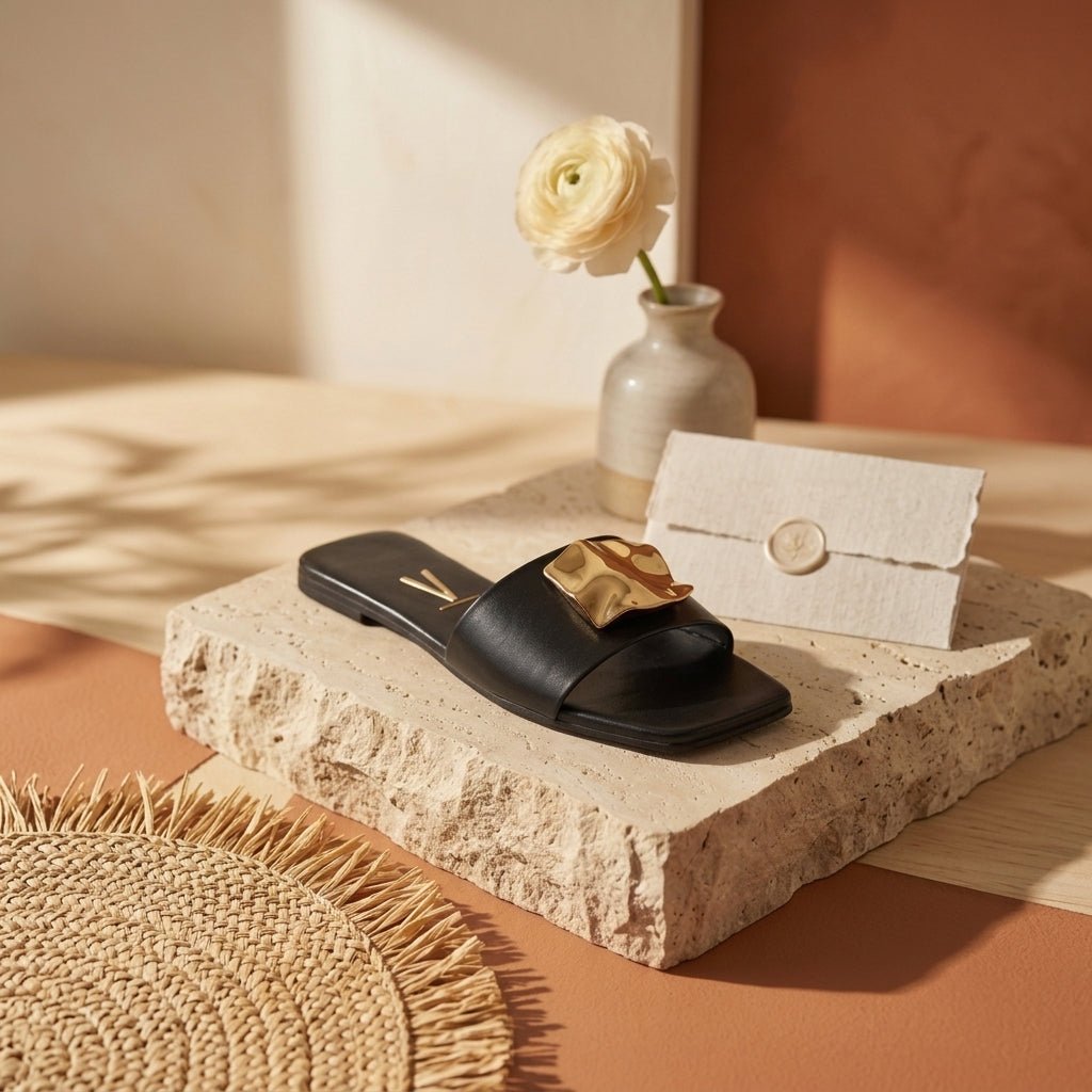 Chinelo slide Vizzano preto com detalhe dourado em composição elegante com flores e cesto | Roma Pell