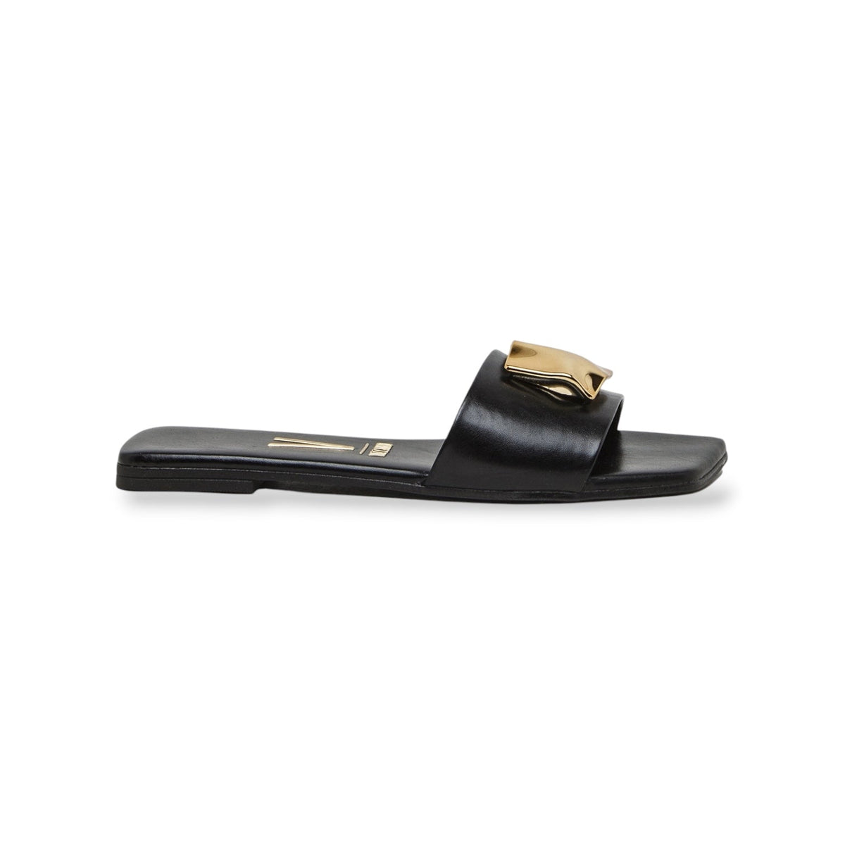 Chinelo slide Vizzano preto com aplicação dourada — vista lateral perfil e sola rasa | Roma Pell