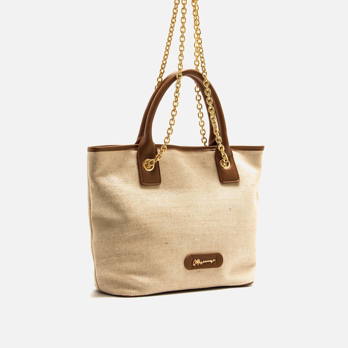 Mala Shopper Mariamare Feminina Faro Bege com Efeito Ráfia e Corrente Dourada - C59906 - Roma Pell