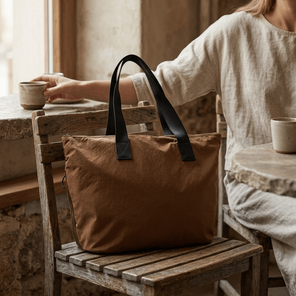 Mala shopper Mustang Manto castanho pousada numa cadeira de madeira, em ambiente de café