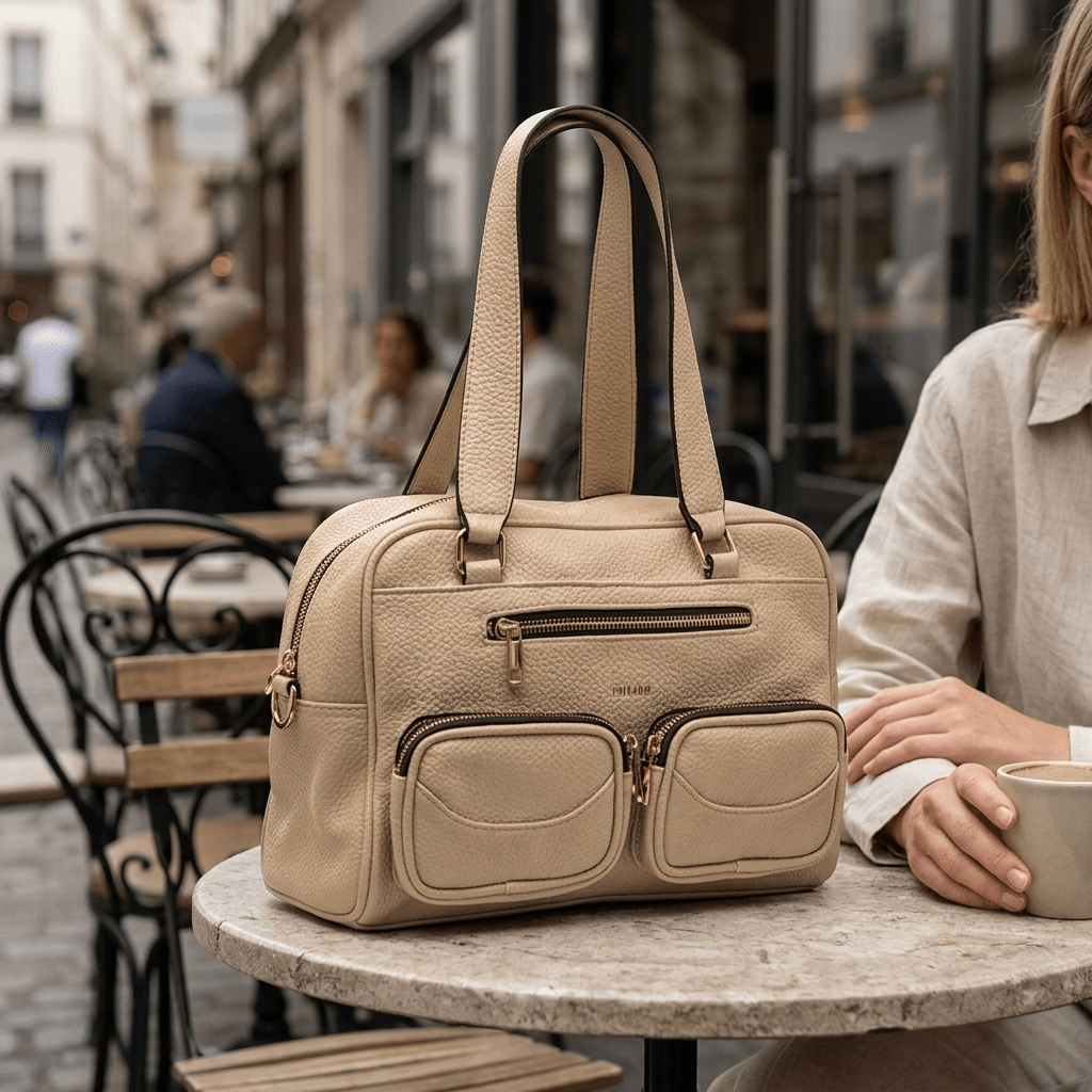 Mala shopper Mustang Paramo creme pousada numa mesa de esplanada, ao lado de uma chávena de café