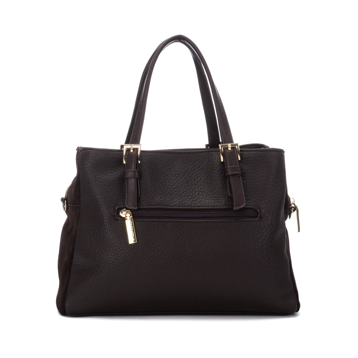 Fotografia de produto em fundo branco da parte de trás da mala tote Carmela, em pele castanha, com bolso exterior de zíper.