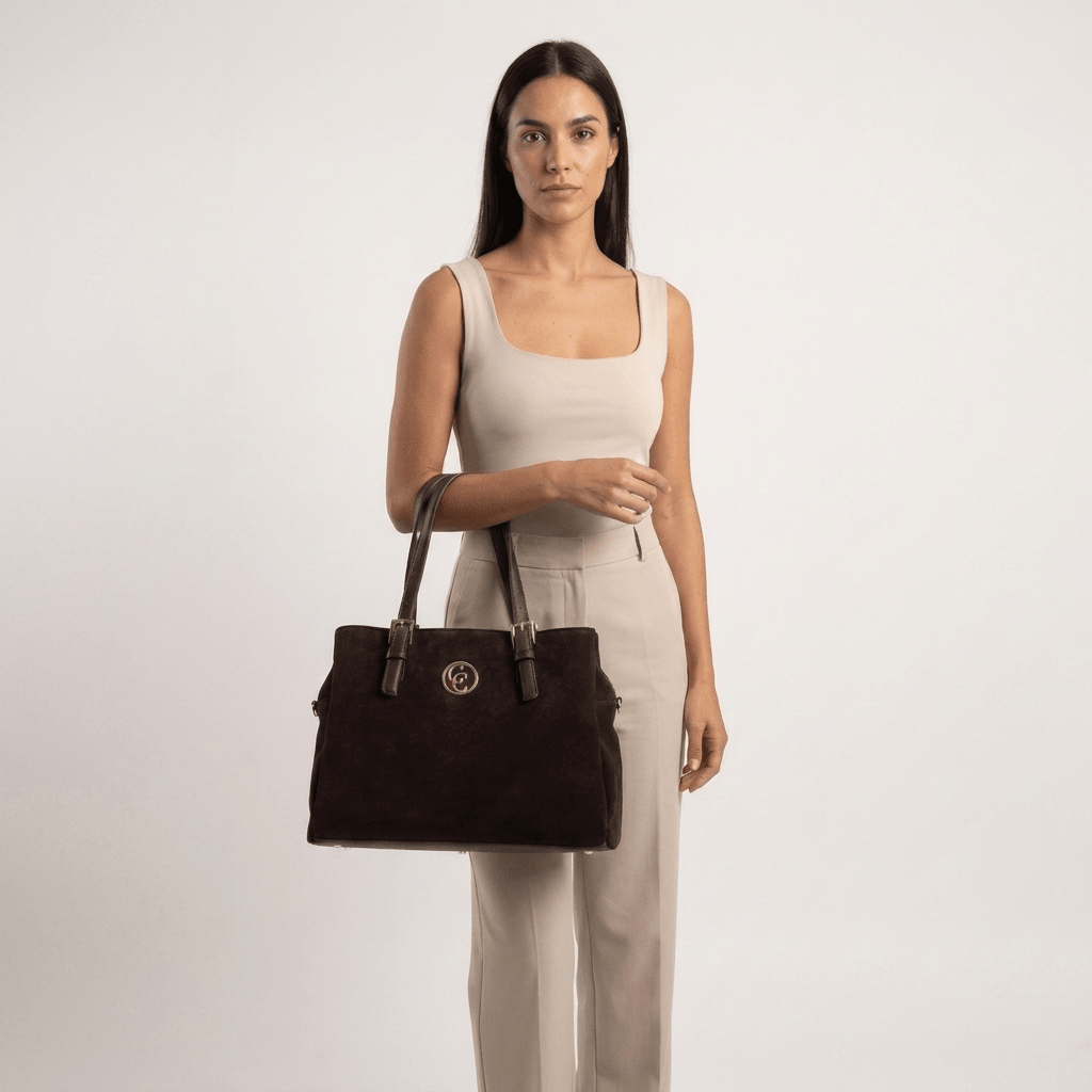 Modelo transporta a mala tote Carmela em camurça castanha na mão, com look em tons neutros.