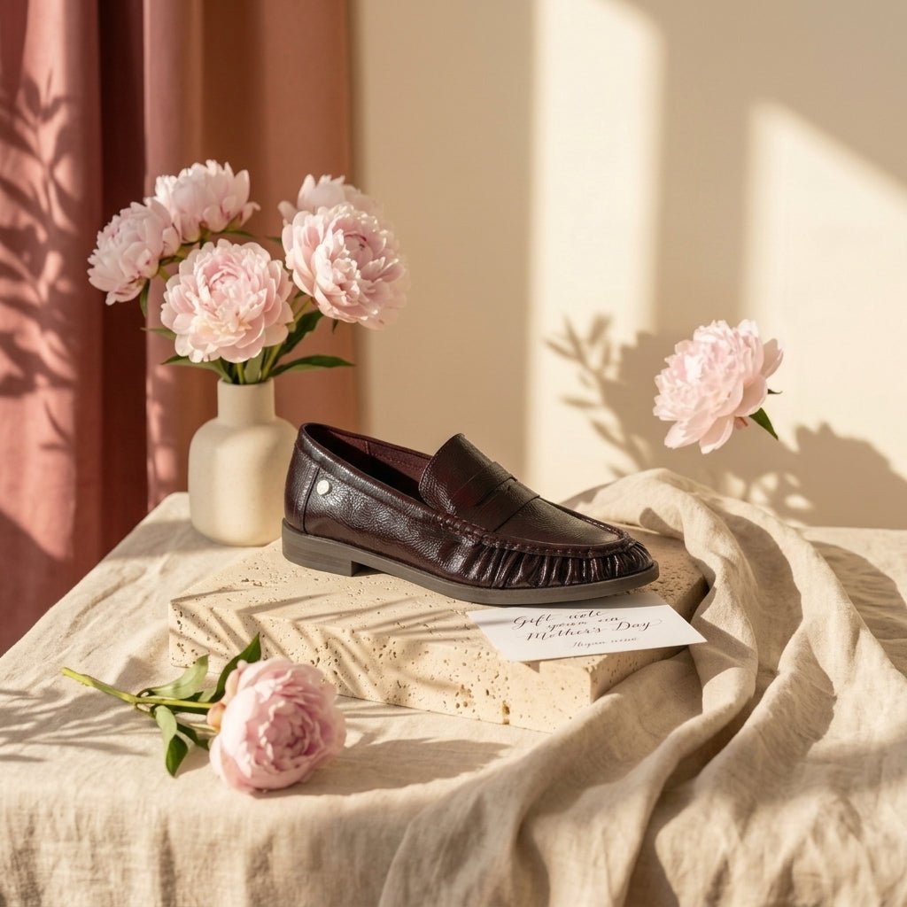 Mocassim em pele envernizada preta em still de vida, junto a peónias cor-de-rosa e tecido