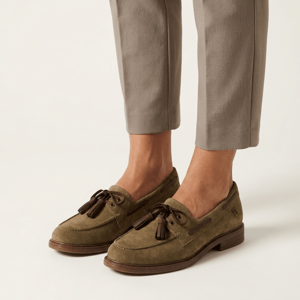 Mocassim Feminino Ruika em camurça taupe, com cadarço e borlas em pele castanha, calçado em fundo neutro de estúdio