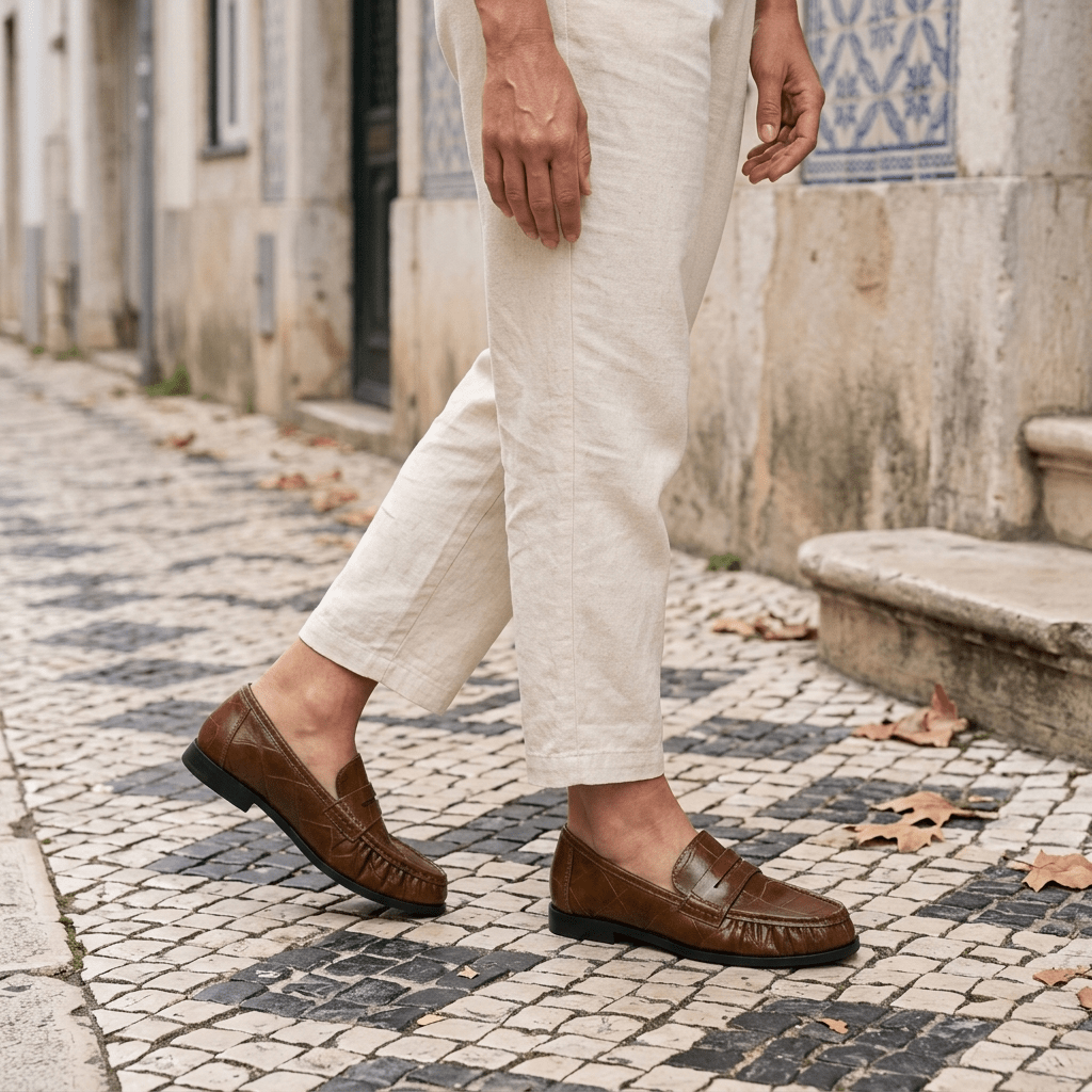 Mulher a caminhar sobre calçada portuguesa com mocassins Xti camel e calças claras, junto a uma parede de azulejos