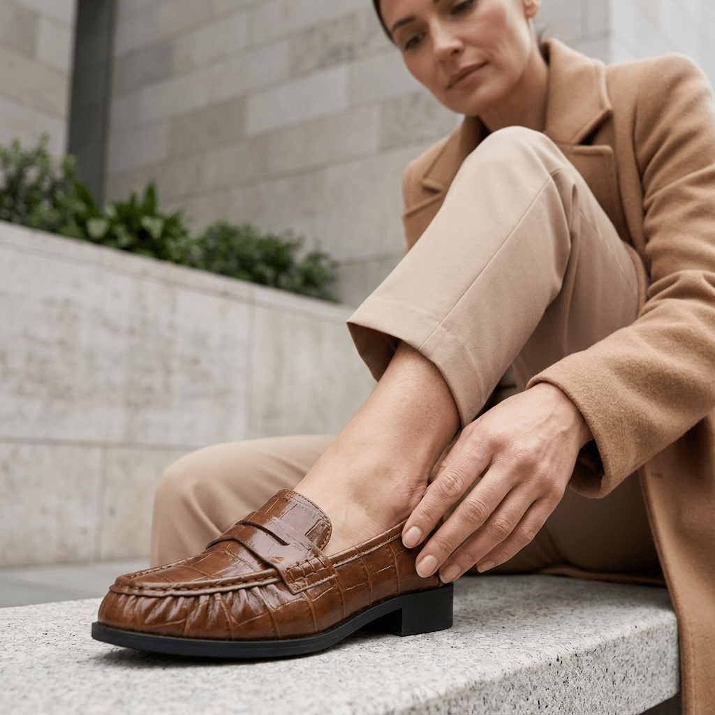 Mulher de casaco camel a ajustar o mocassim Xti camel, sentada num muro de pedra ao ar livre