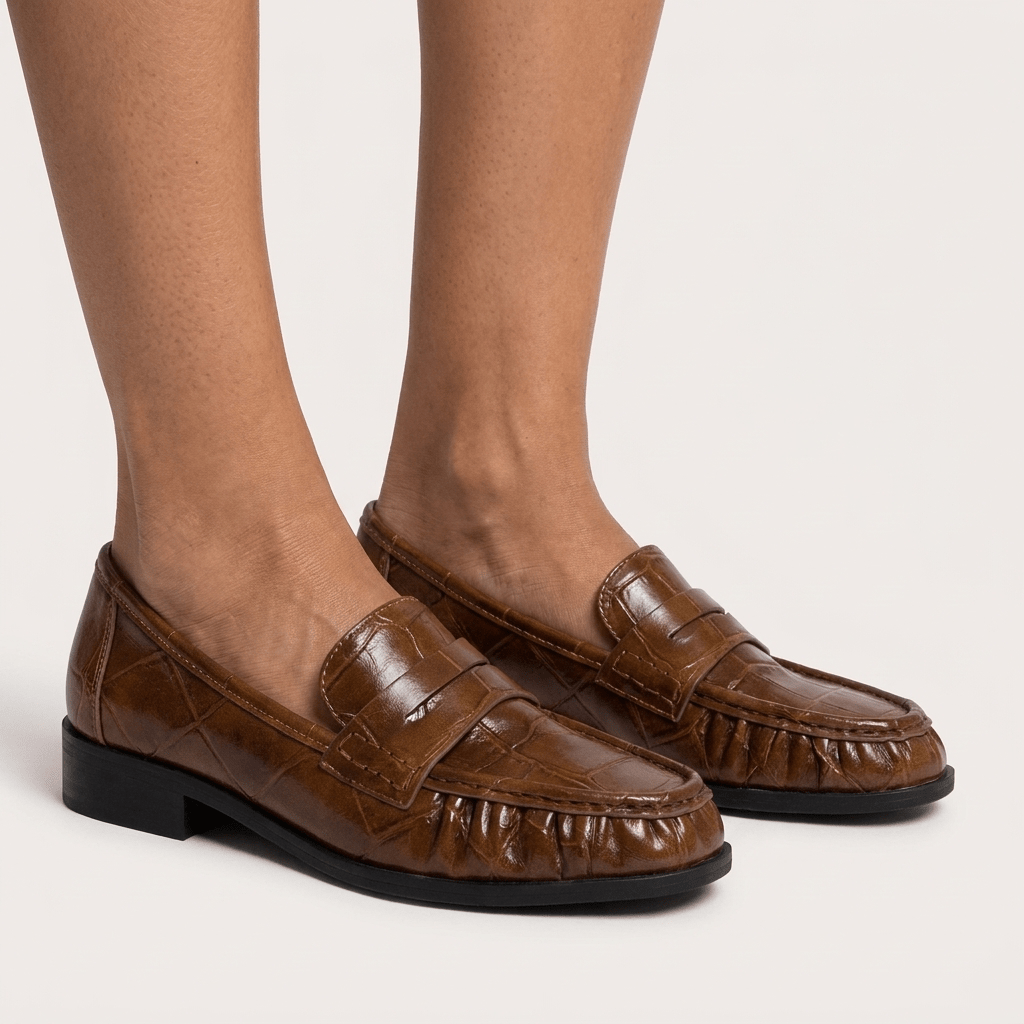 Pés de mulher com mocassins Xti camel penny loafer, vista frontal sobre fundo claro