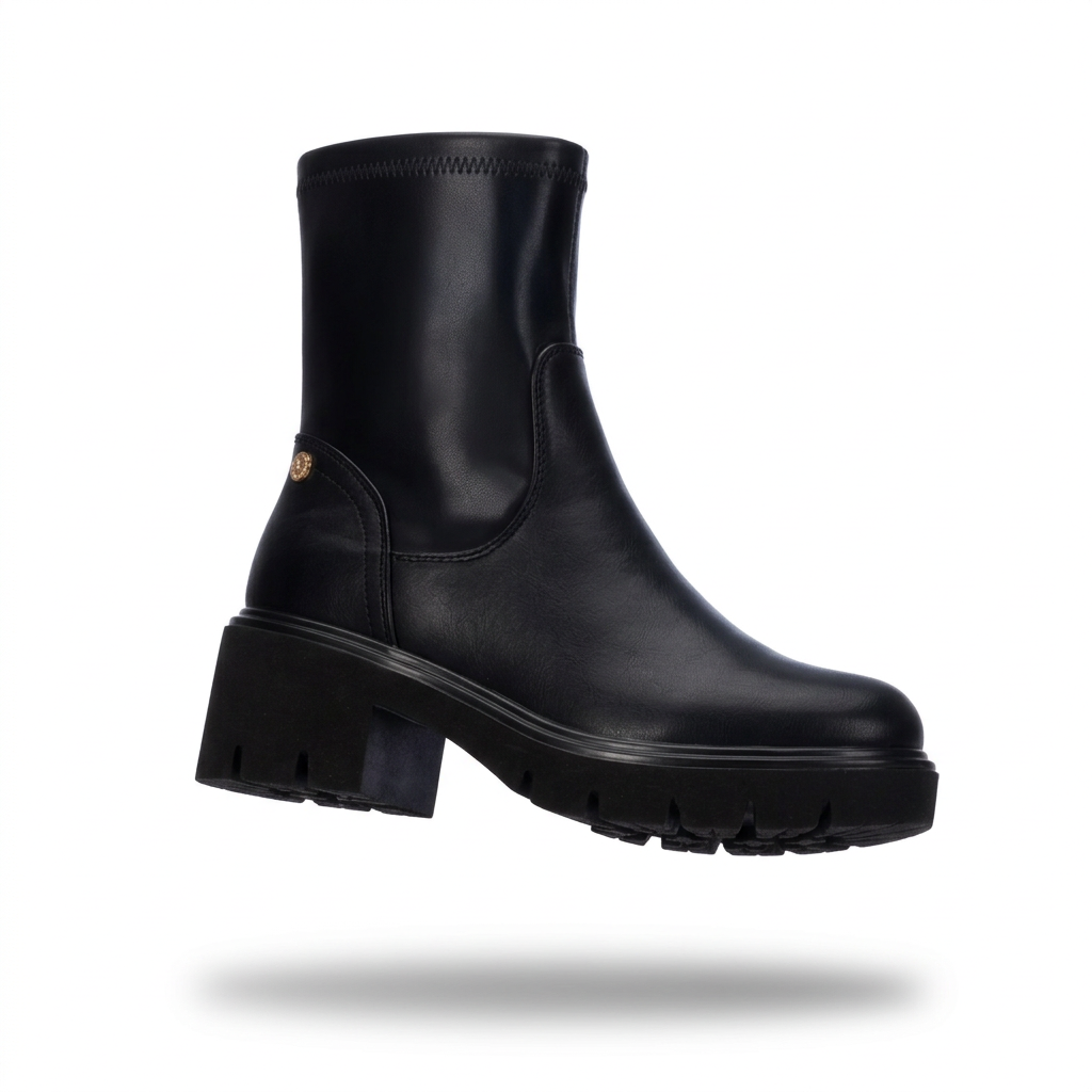 Botim XTi preto com sola track e tacão largo de 6 cm, packshot em levitação sobre fundo branco com sombra difusa