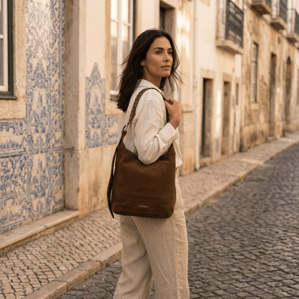 Modelo numa rua com fachada de azulejos portugueses, com o saco tiracolo Carmela Camel a tiracolo