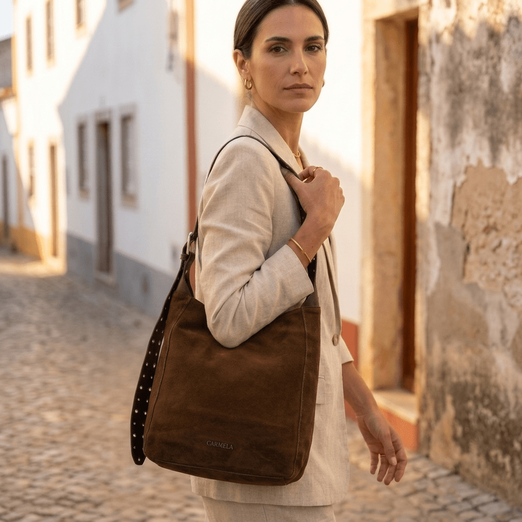 Modelo com fato de linho bege numa viela de calçada portuguesa, com o saco tiracolo Carmela Camel