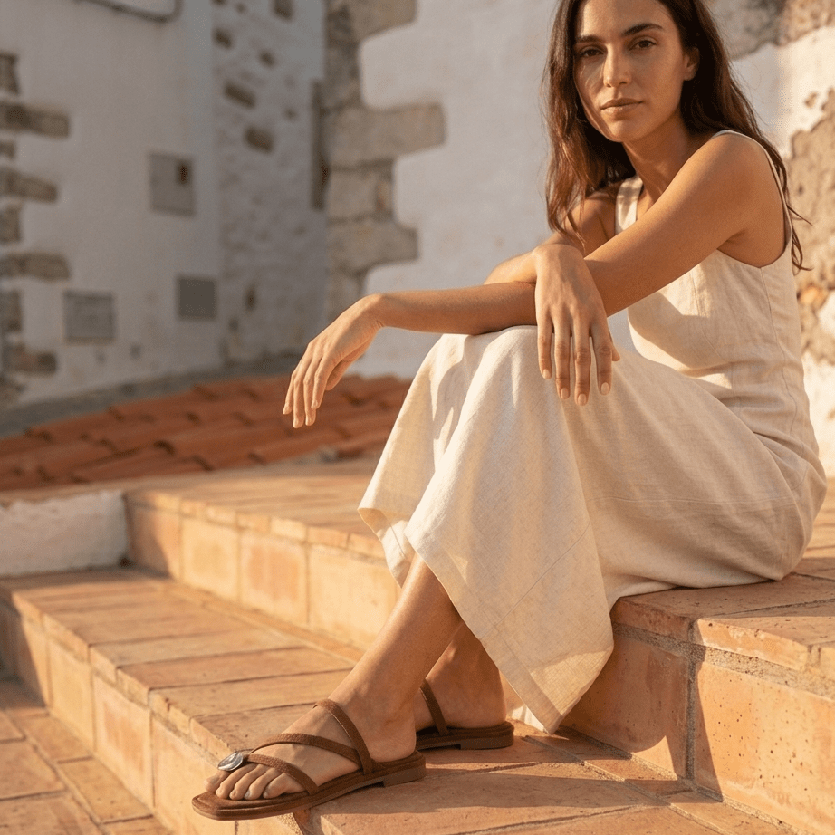 Mulher com vestido de linho bege sentada em escadas de terracota, com sandálias Carmela 163291 em camurça castanha, ambiente exterior mediterrânico com luz dourada