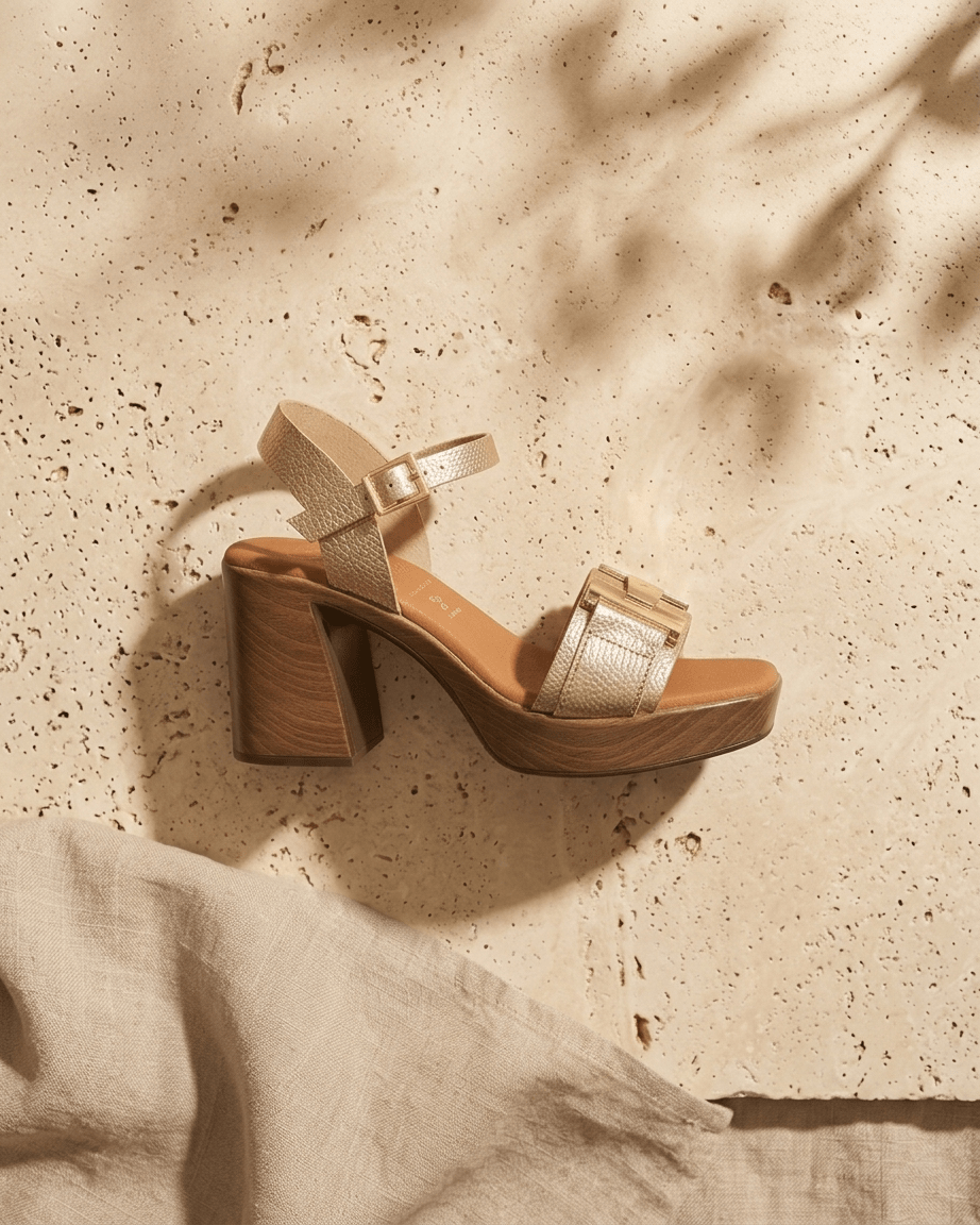 Sandália plataforma Oh My Sandals 5931 champanhe — detalhe da fivela e tira em pele metalizada | Roma Pell