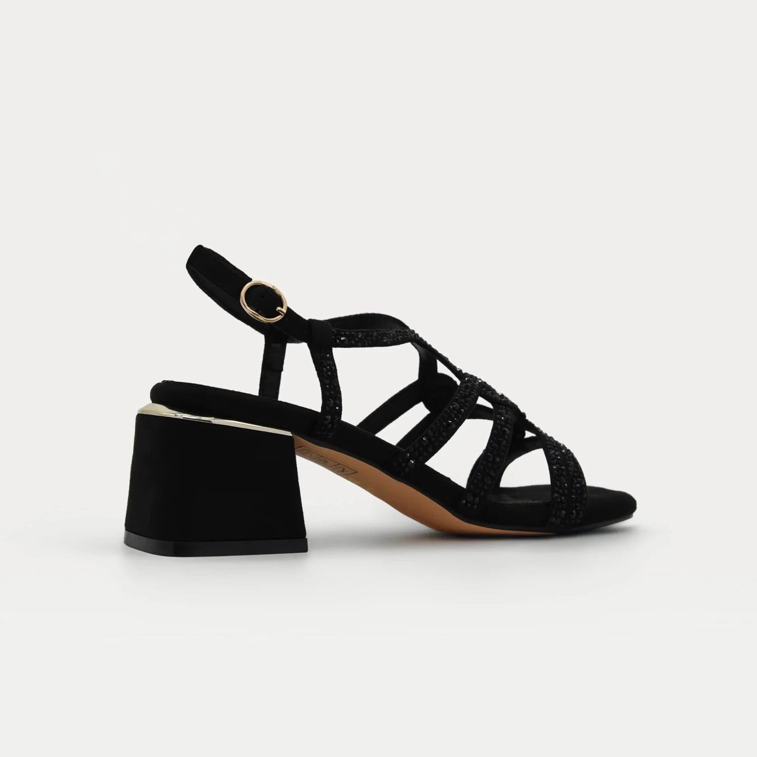 Sandália elegante de salto largo Negro com strass 494L242 - Roma Pell