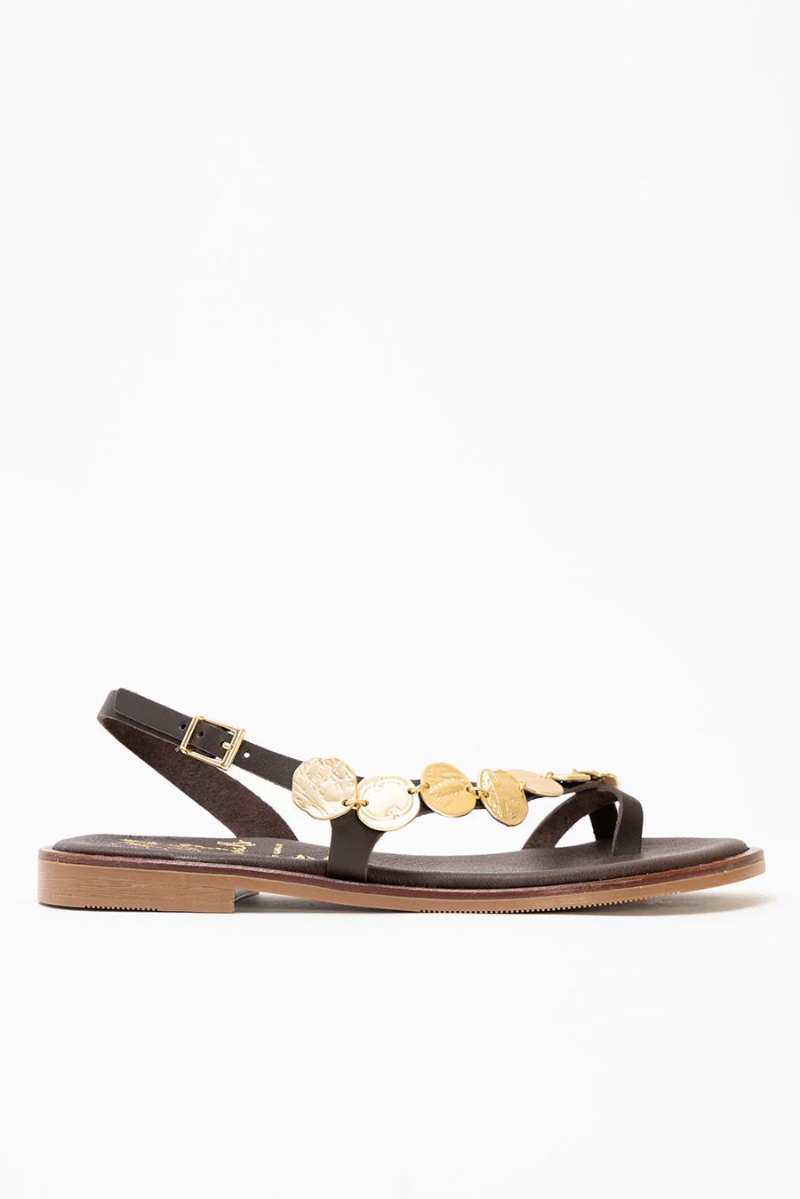 Sandália Oh My Sandals Elaia castanha — vista lateral com fivela e sola de borracha antiderrapante | Roma Pell
