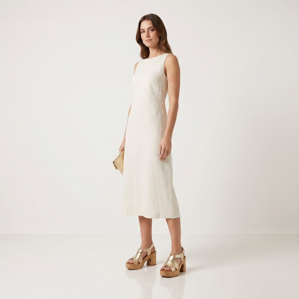 Sandália Ruika dourada salto bloco compensado — vista completa modelo de pé com vestido branco | Roma Pell