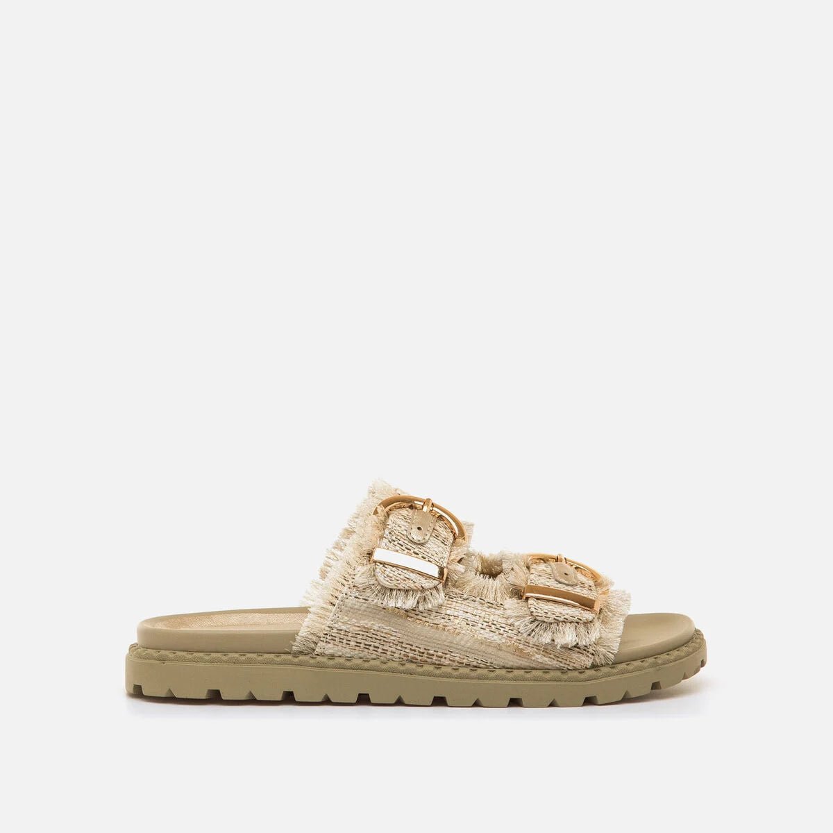 Sandálias Rasteiras Fraine Mariamare – Design Tweed com Toque Dourado - Roma Pell