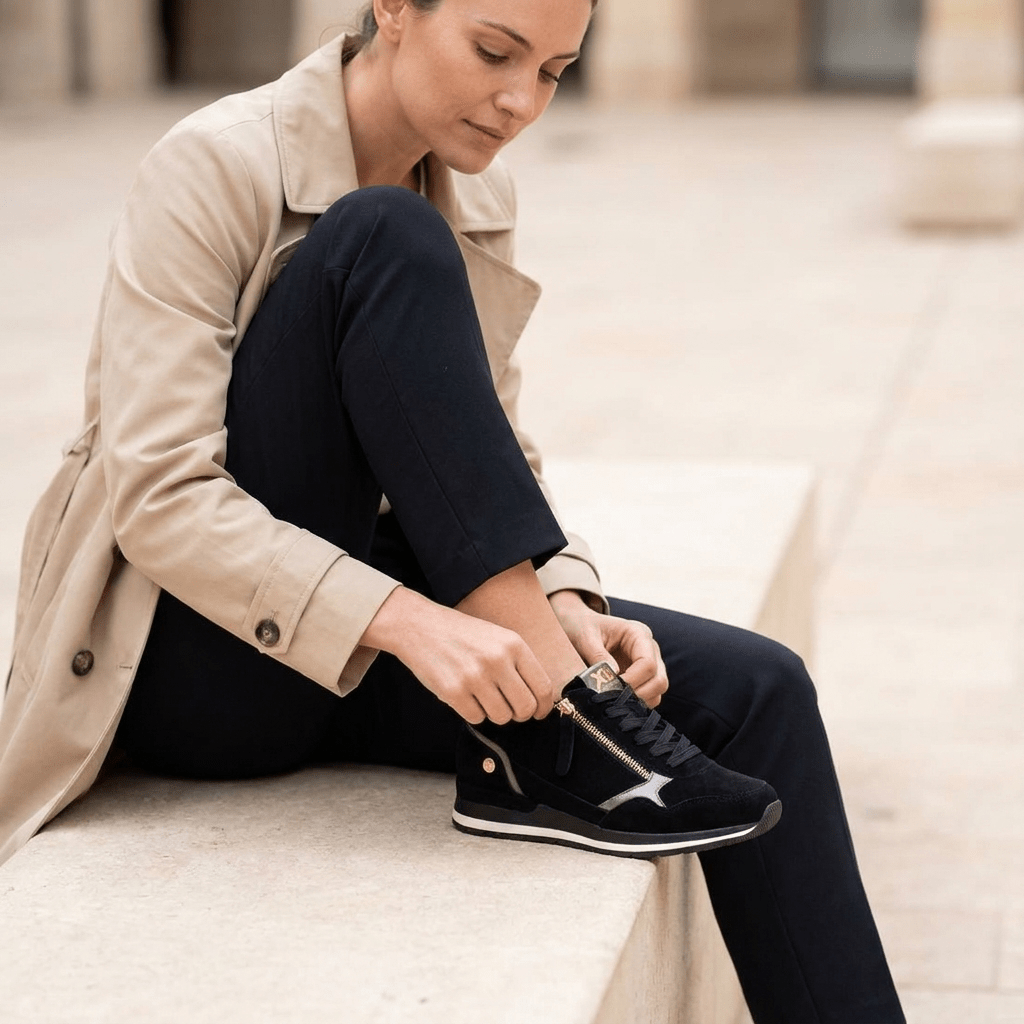 Mulher sentada a ajustar sapatilha XTI preta em camurça, look casual com calças escuras