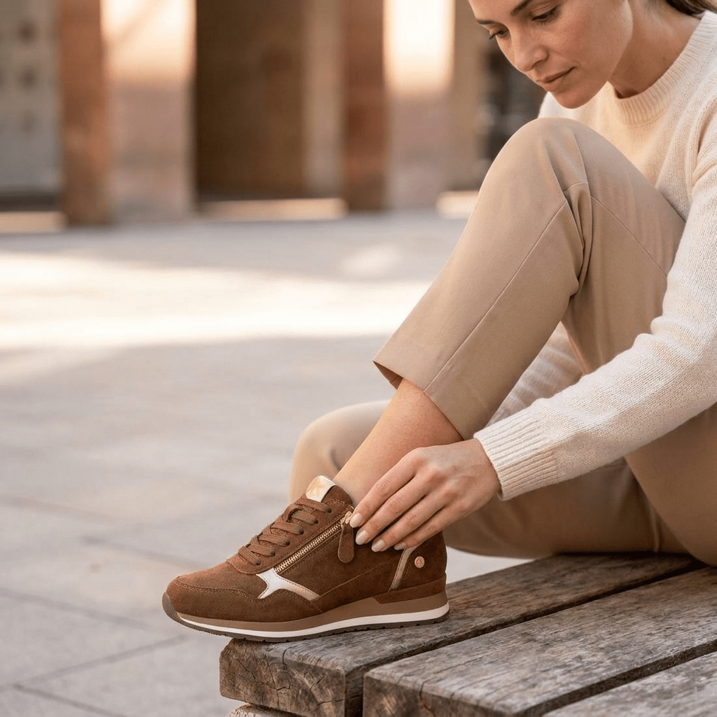 Mulher sentada num banco de madeira a ajustar sapatilha feminina XTI camel