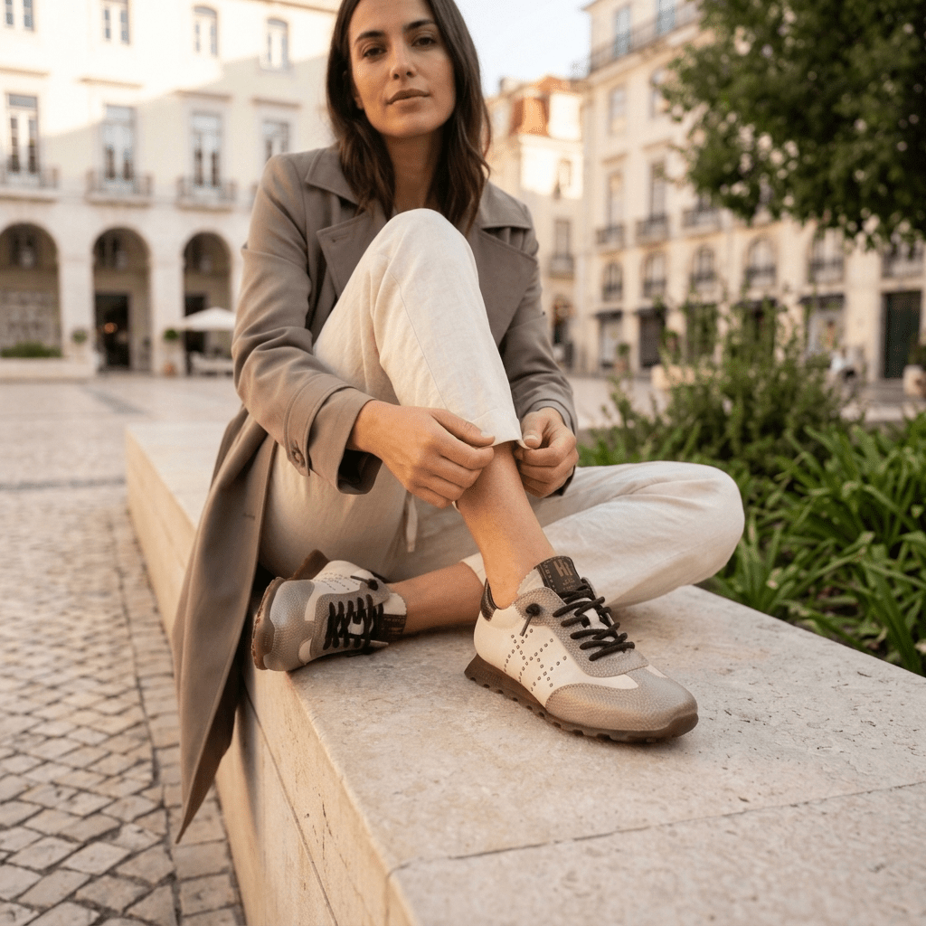 Mulher com trench coat calça a sapatilha Hispanitas Zinnia em amêndoa, sentada num murete, numa praça histórica.