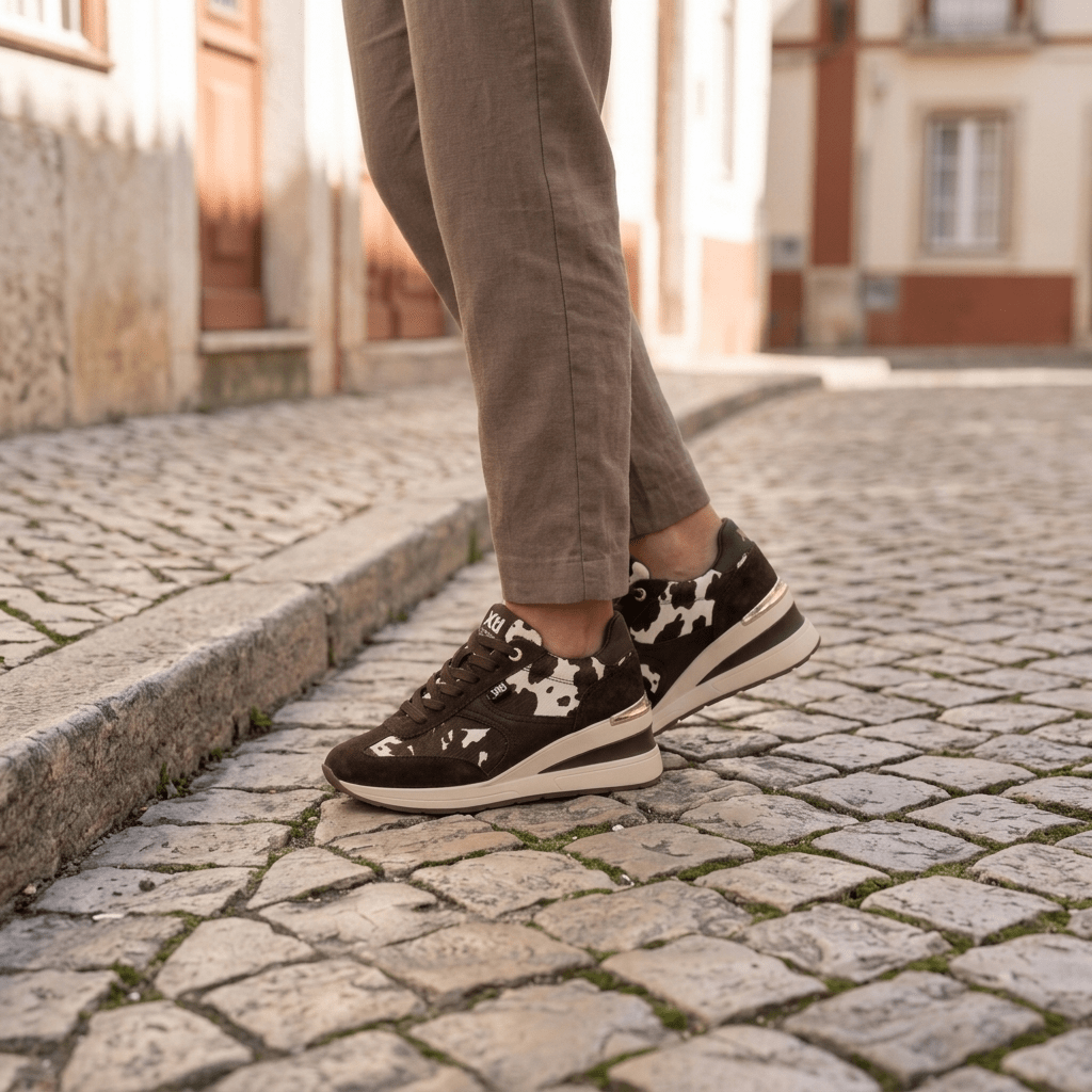 Sapatilha Xti Castanha com estampado animal print, em pormenor numa calçada portuguesa