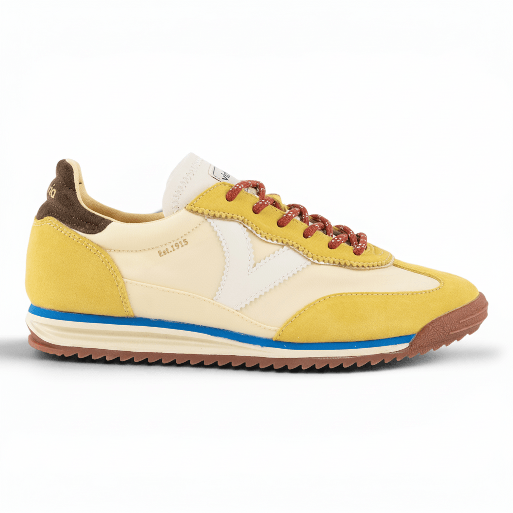 Sapatilhas Victória Saturno amarelo em couro LWG — vista lateral retro-running | Roma Pell