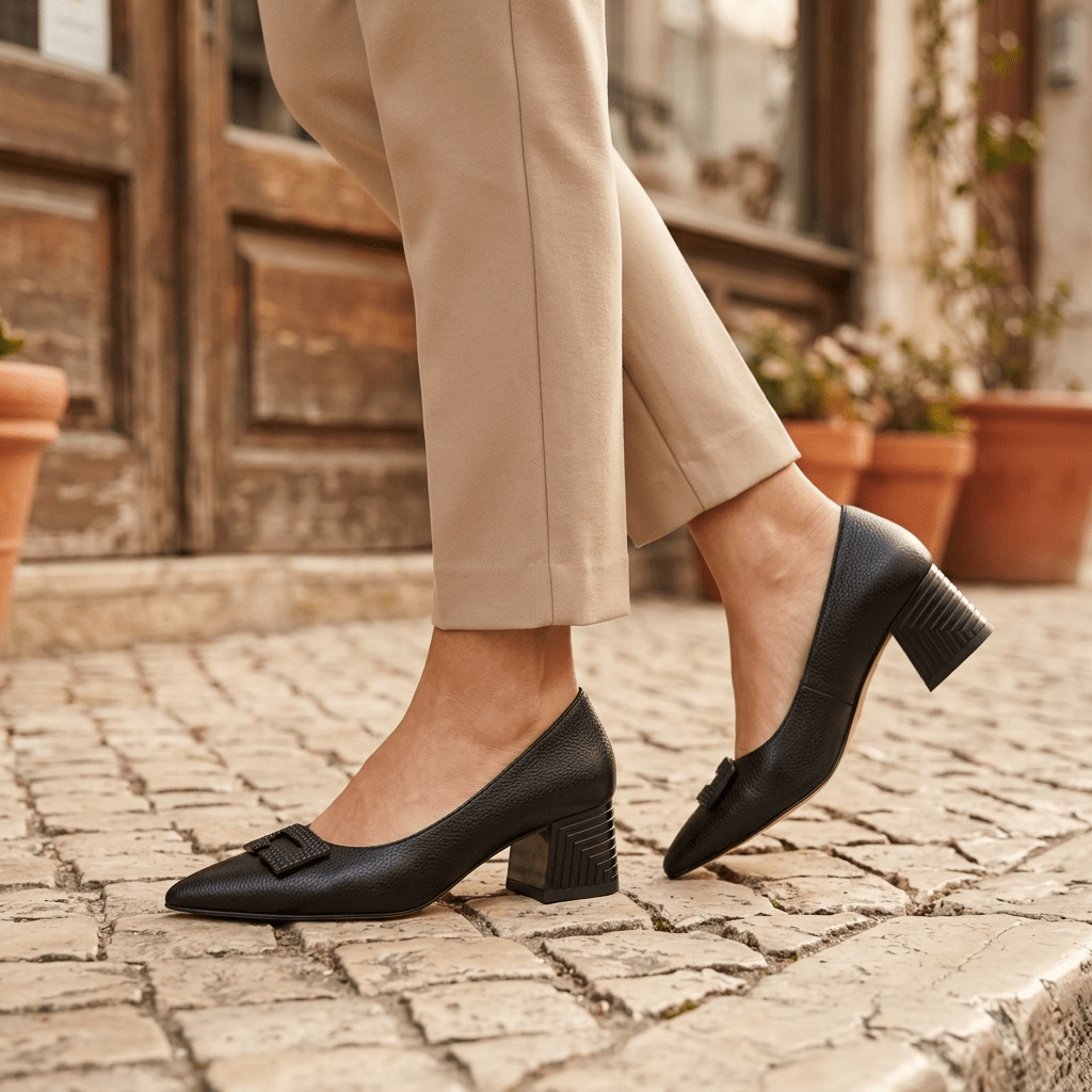 Pés com sapatos clássicos Azarey pretos sobre calçada de pedra, com calças bege e tacão geométrico, junto a uma porta de madeira