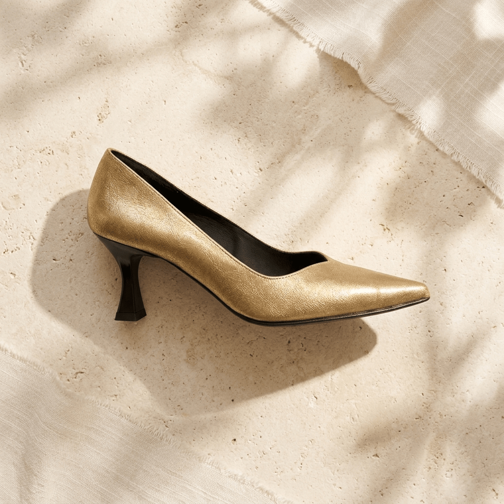 Sapato dourado Daniella Vega Adhara pousado numa superfície de pedra clara, em vista lateral, com tacão preto escultural, interior preto e sombras de luz natural