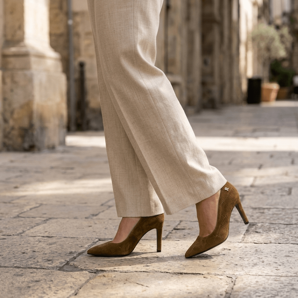 Mulher a caminhar numa rua de pedra com sapatos Ruika camel de bico fino e salto alto e calças de linho