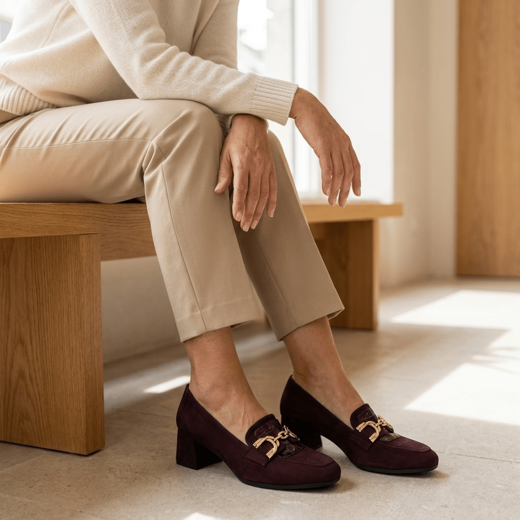 Mulher sentada num banco de madeira com sapatos Turtle bordeaux em camurça, salto bloco e travessão dourado, e calças bege