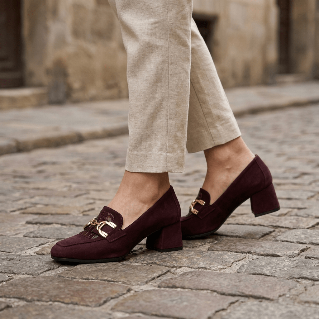 Sapatos Turtle bordeaux em camurça com calças de linho claras, numa rua de calçada, em vista lateral