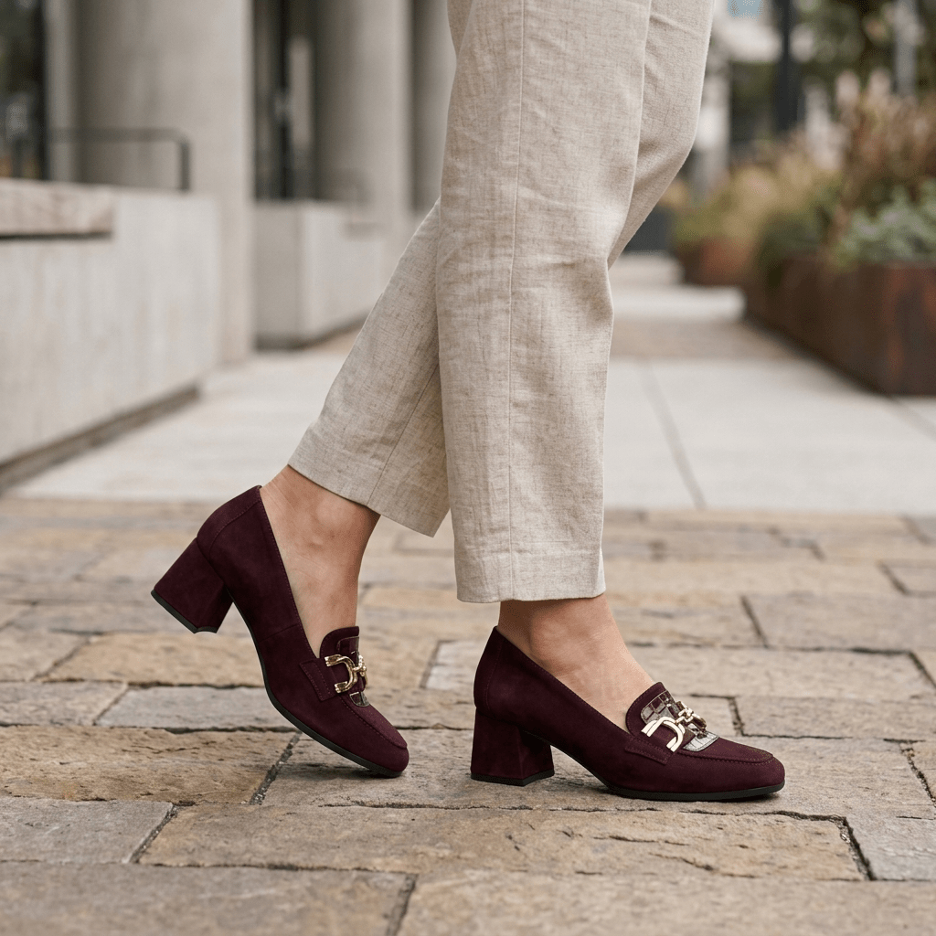 Mulher a caminhar numa rua com sapatos Turtle bordeaux de salto bloco e travessão dourado, com calças de linho claras