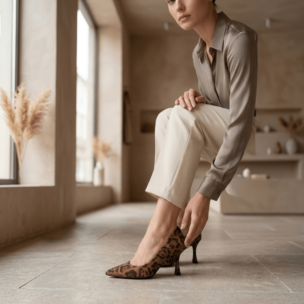 Mulher sentada junto a uma janela com luz natural a ajustar o sapato Xti Animal Print, calças bege e decoração com ervas secas ao fundo