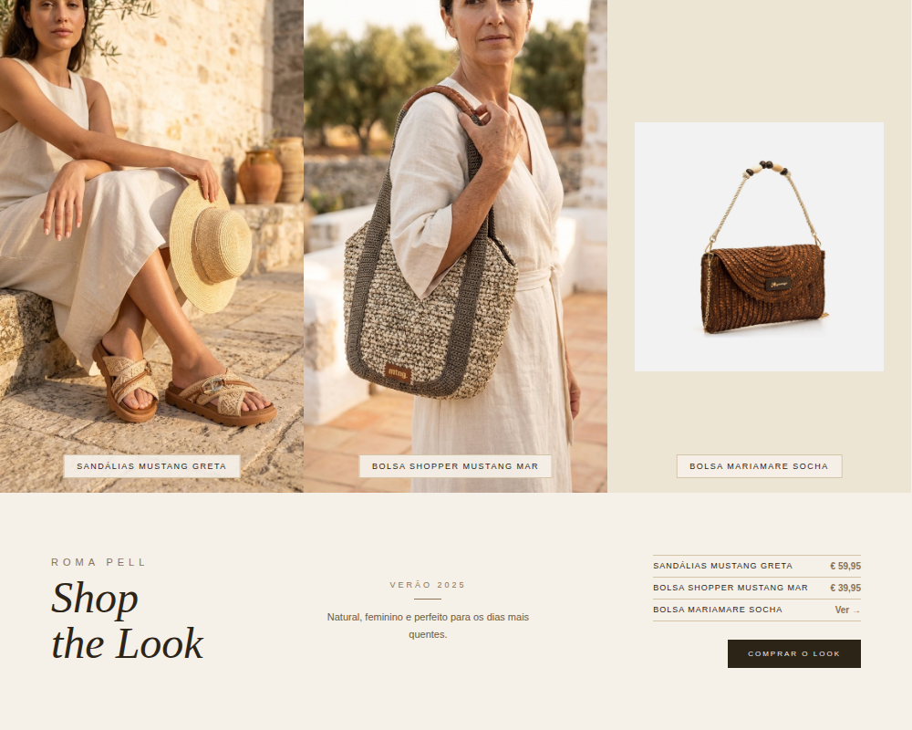 Shop the Look Roma Pell Verão 2025 — Look natural de verão com sandálias Mustang Greta em raffia, bolsa shopper Mustang Mar em ráfia e macramê, e bolsa Mariamare Socha em palha com corrente dourada