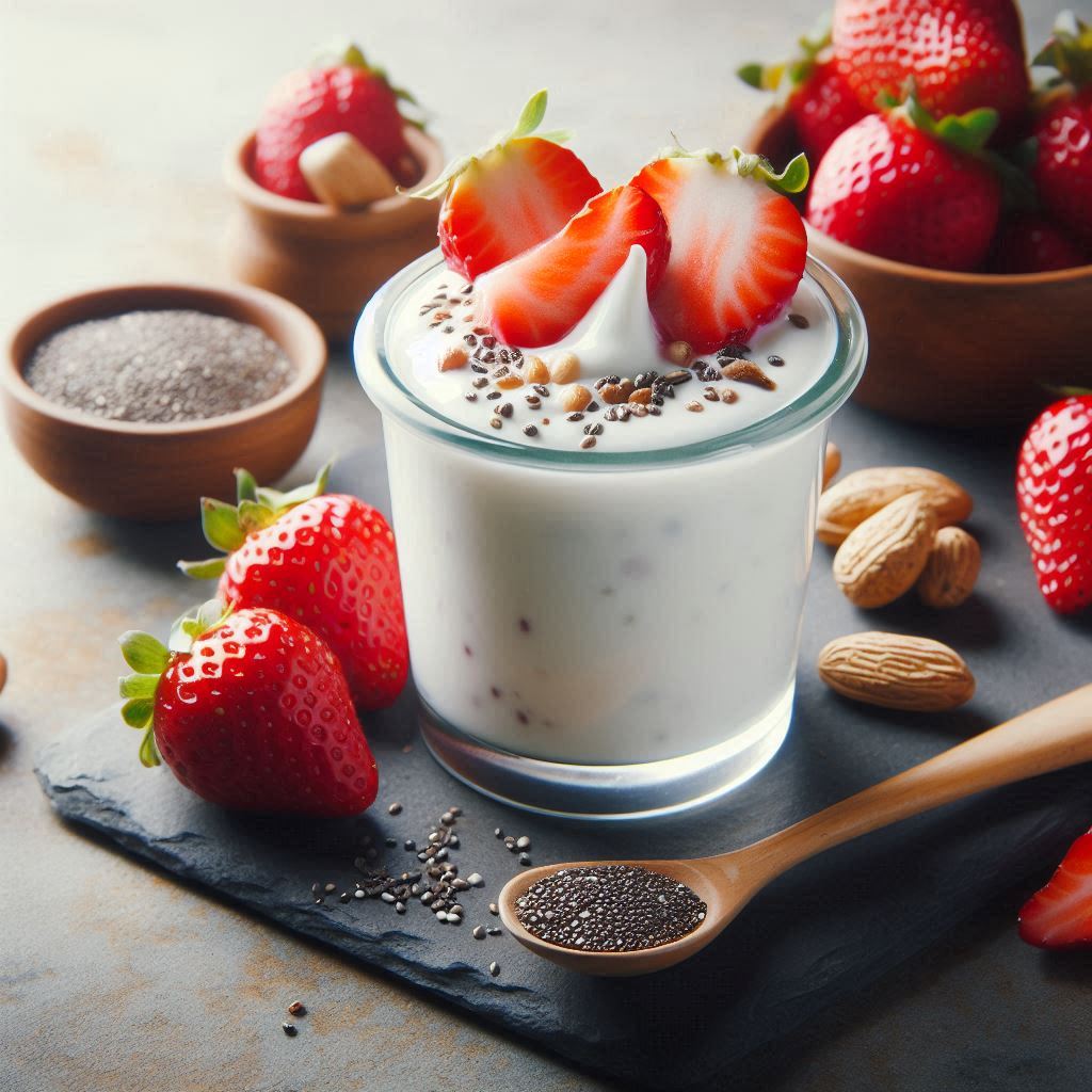 Lanche da Manhã Iogurte Natural com Chia e Morangos
