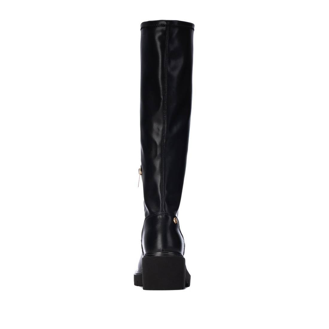 Bota XTi preta de cano alto, vista de trás com sola grossa e tacão de 6 cm