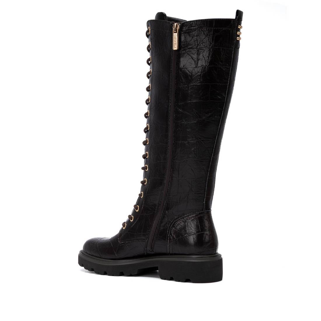 Bota militar Carmela castanha efeito coco com atacadores, lado interior com fecho de correr