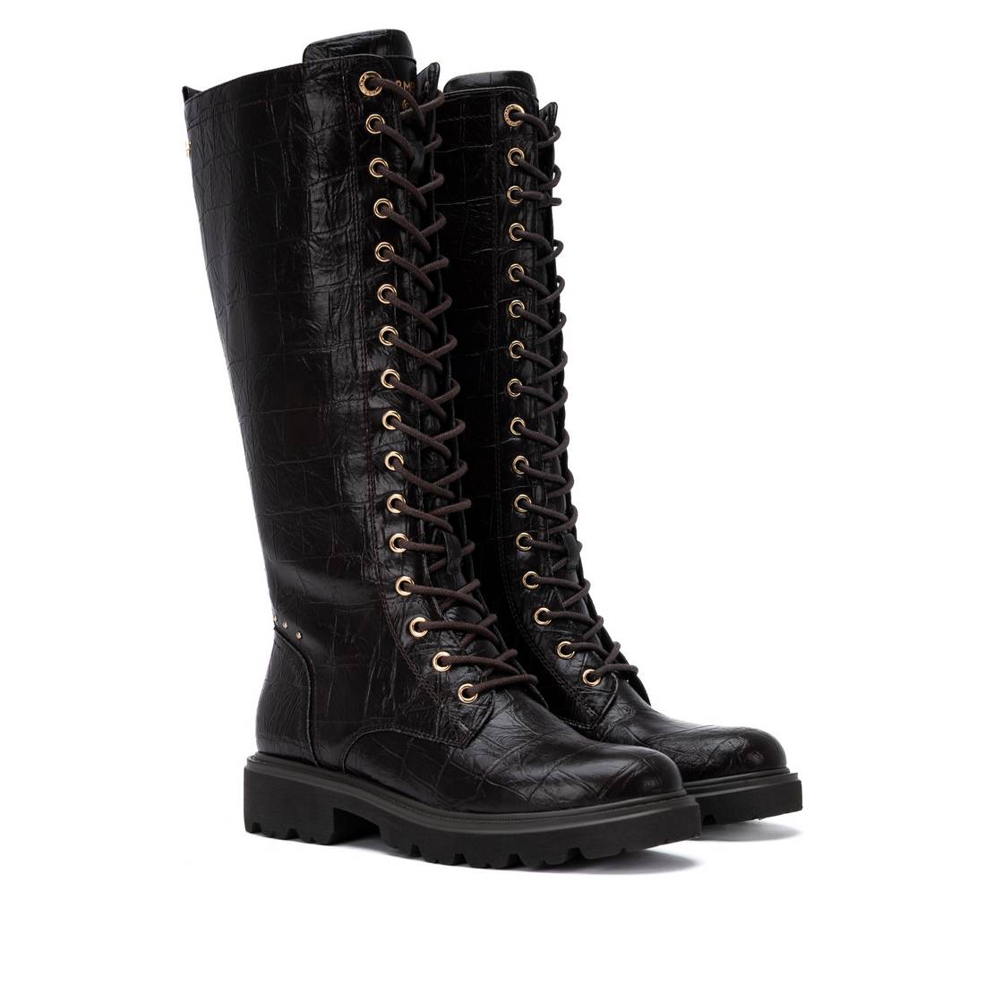 Bota militar Carmela castanha efeito coco com atacadores, par em vista frontal em ângulo