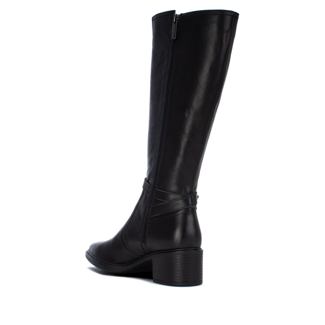 Bota Carmela em pele preta com fecho lateral, lado interior com fecho de correr