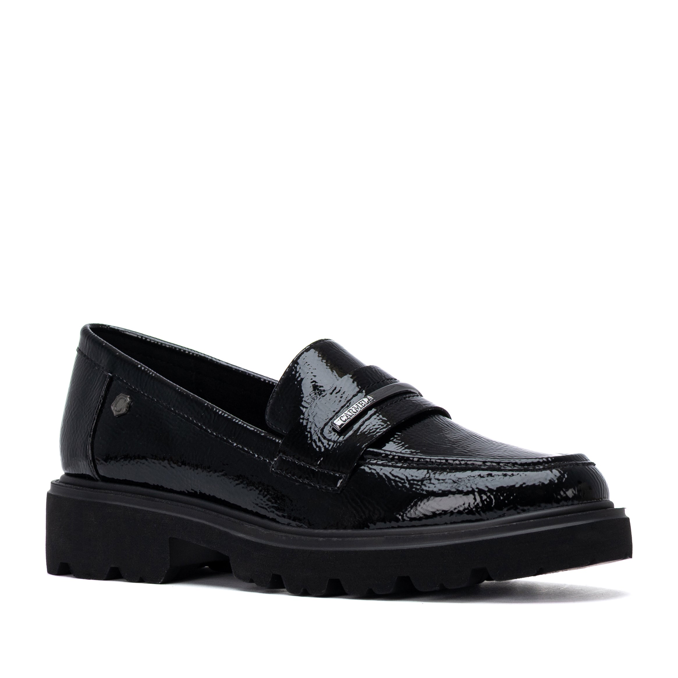 Mocassim Carmela Verniz Preto | Sola Grossa e Conforto Diário