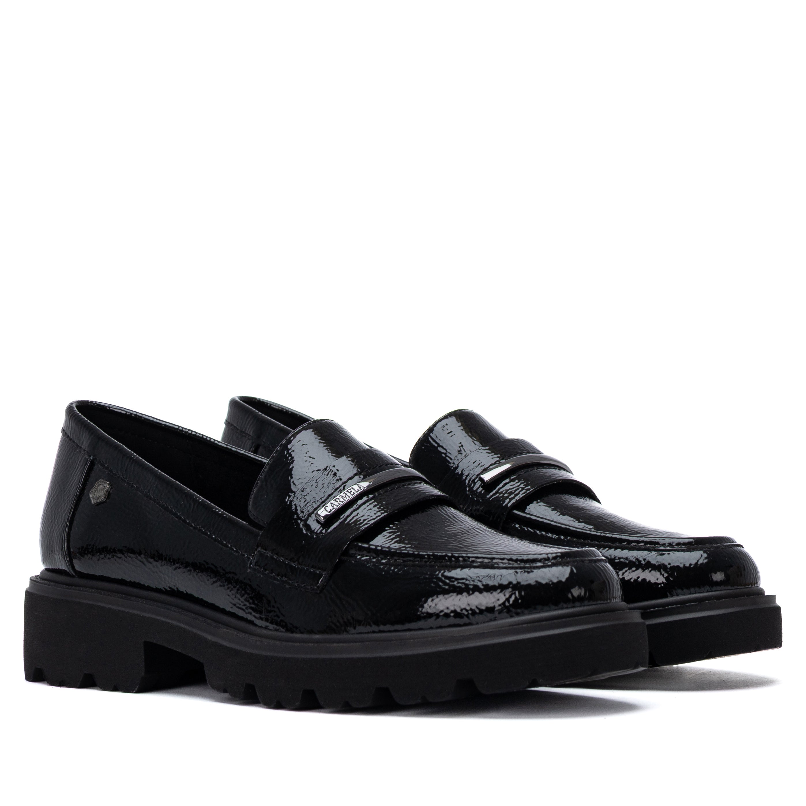 Mocassim Carmela Verniz Preto | Sola Grossa e Conforto Diário