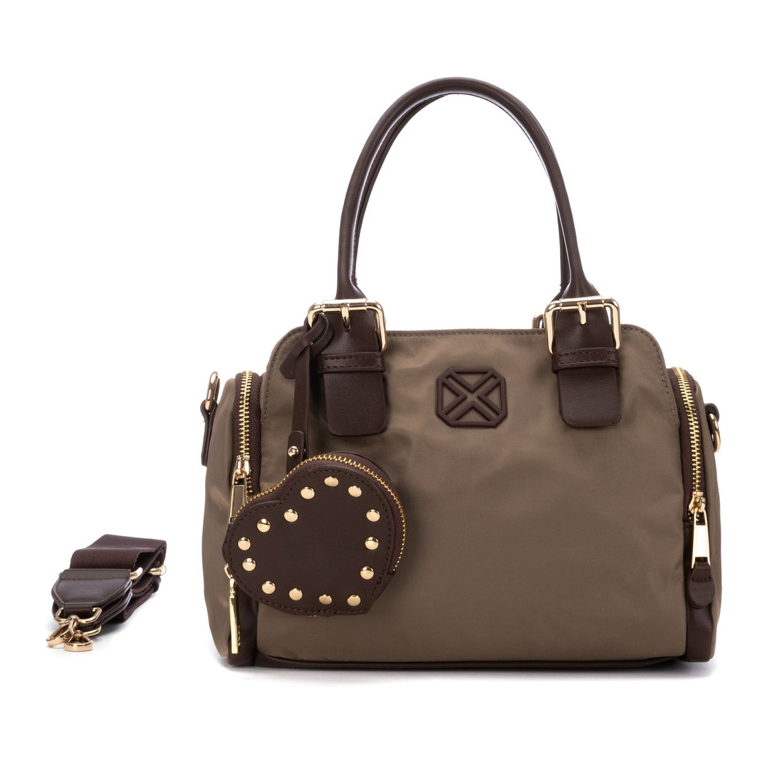 Mala bowling Xti em têxtil taupe com pegas castanhas, porta-moedas em coração e alça tiracolo, vista frontal