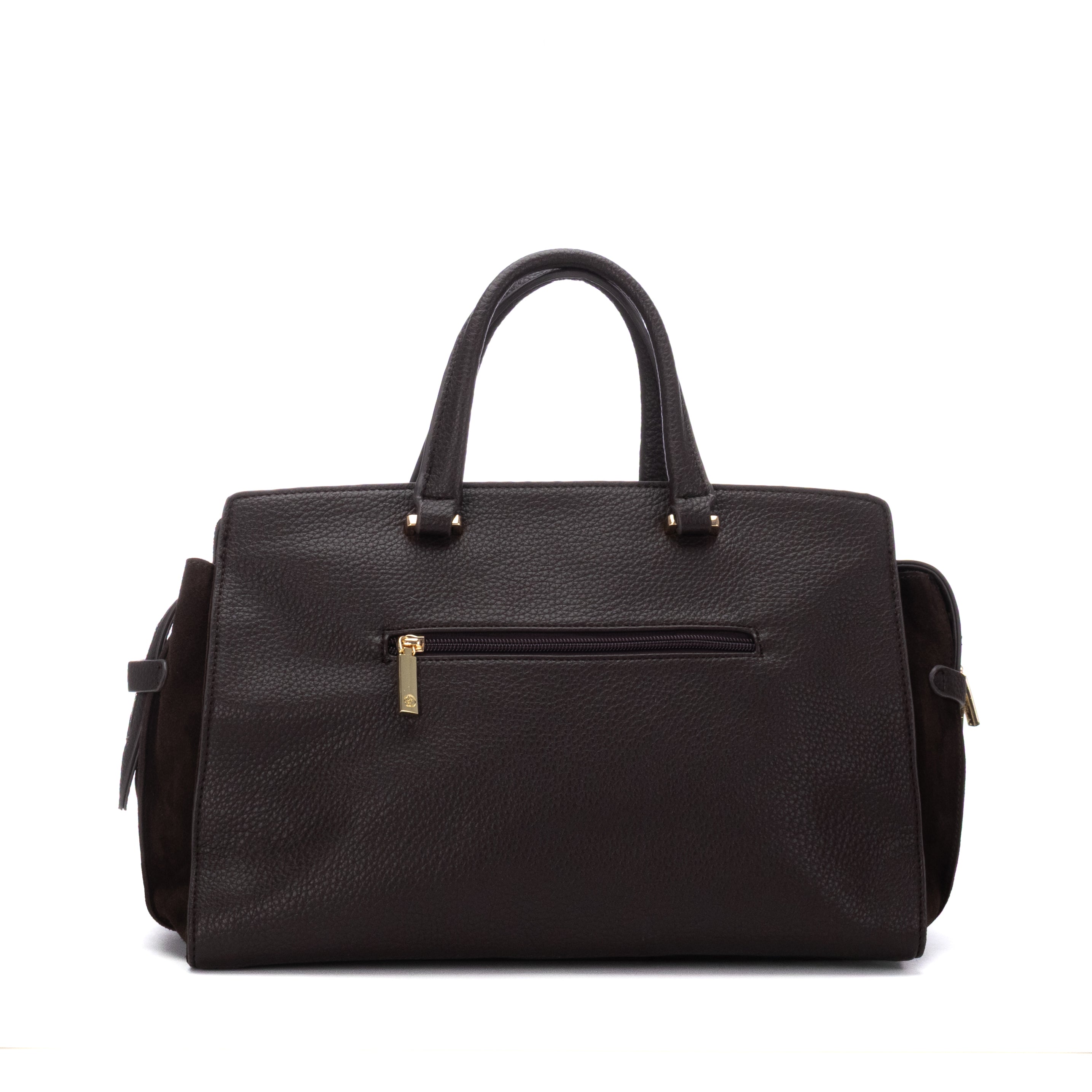 Mala tote Carmela, vista de trás, em pele lisa, com bolso de fecho de correr central.