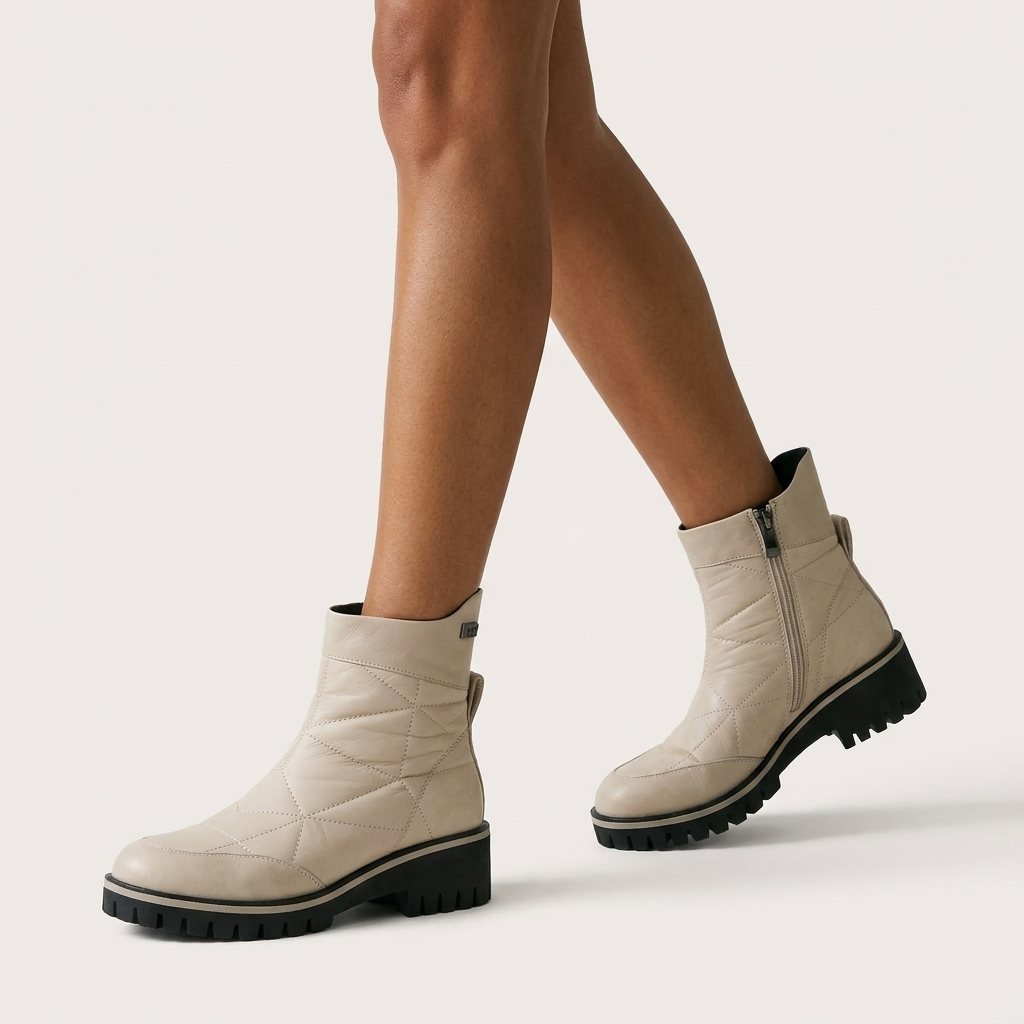 Pernas de mulher em passo largo com botins Azarey acolchoados em branco gelo, sola dentada preta e fecho de correr lateral, em fundo de estúdio